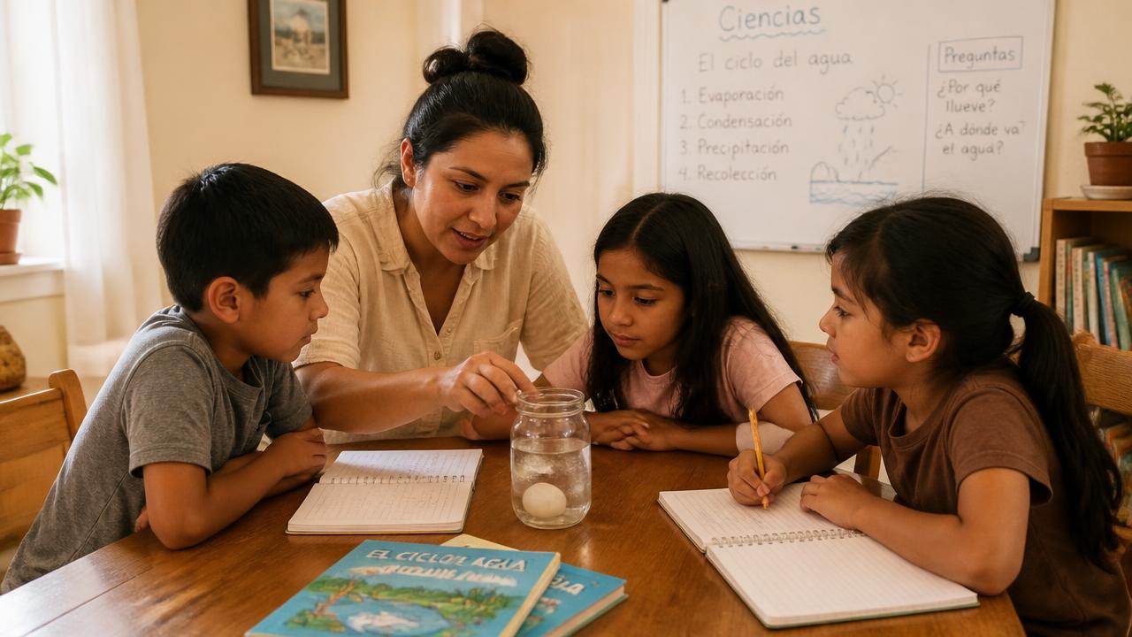 Two homeschool moms leading a science activity with children of different ages around a table