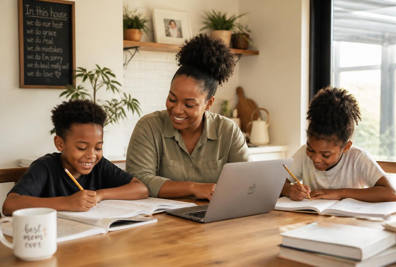 A homeschooling mom working through morning lessons at the kitchen table with her two children